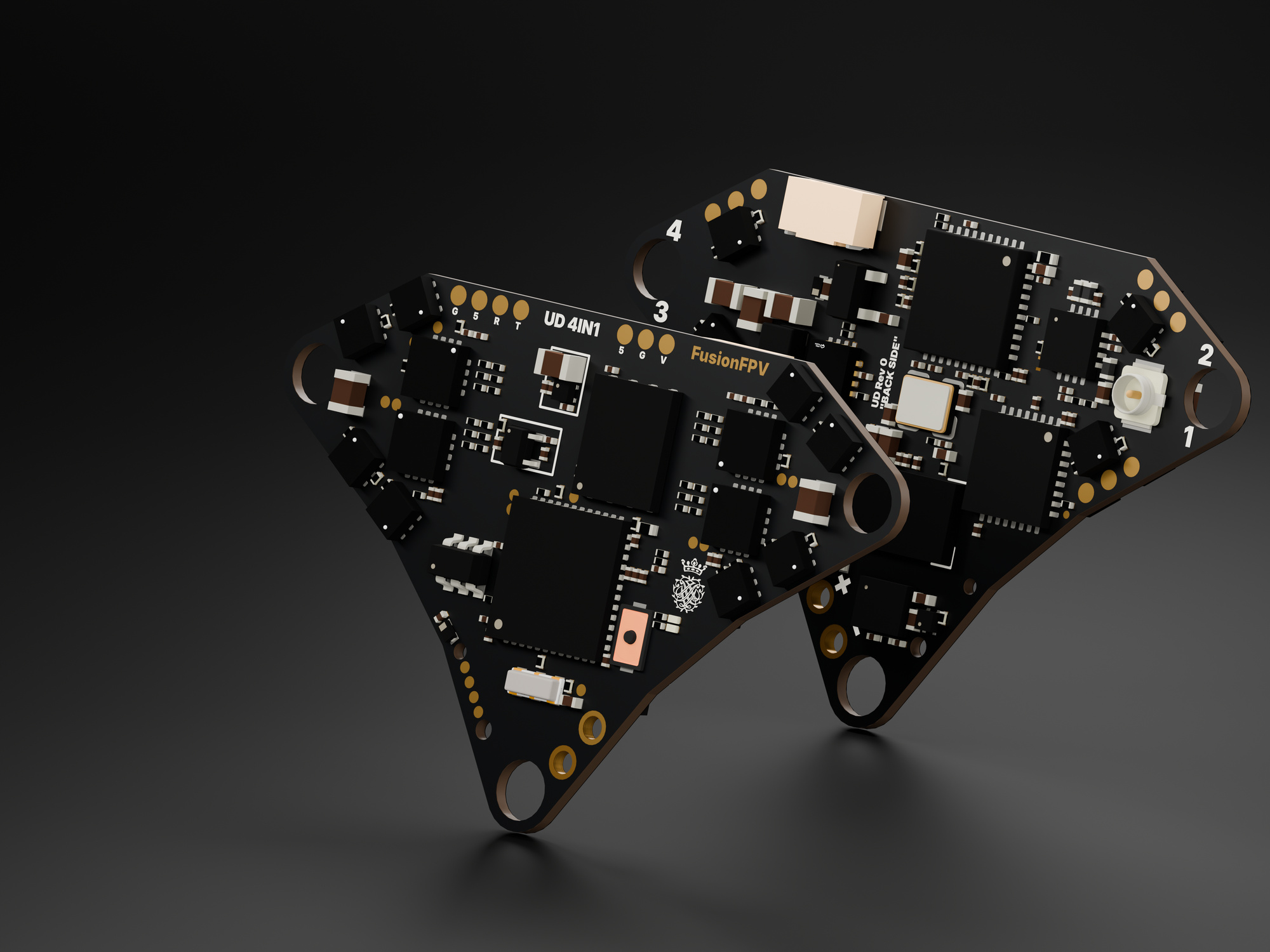 Front and back of the actual FusionFPV UD 4IN1 design, standing on a dark studio surface